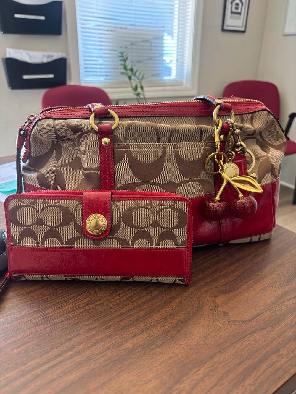 Coach Signature Stripe Boston Satchel 12430 Red Patent Leather + Matching Wallet